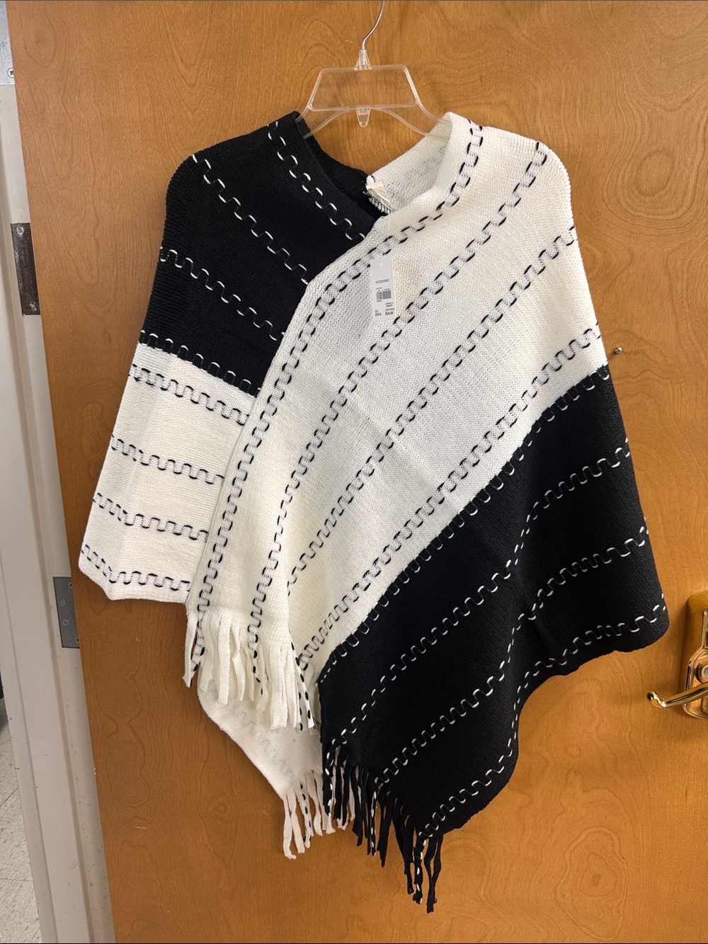 Cato Black and White Striped Knit Poncho with Fringe